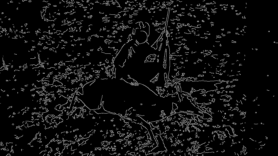 child with their face obscured posing with a rifle in front of a dead antelope, it is all white lines on black, blending into the website