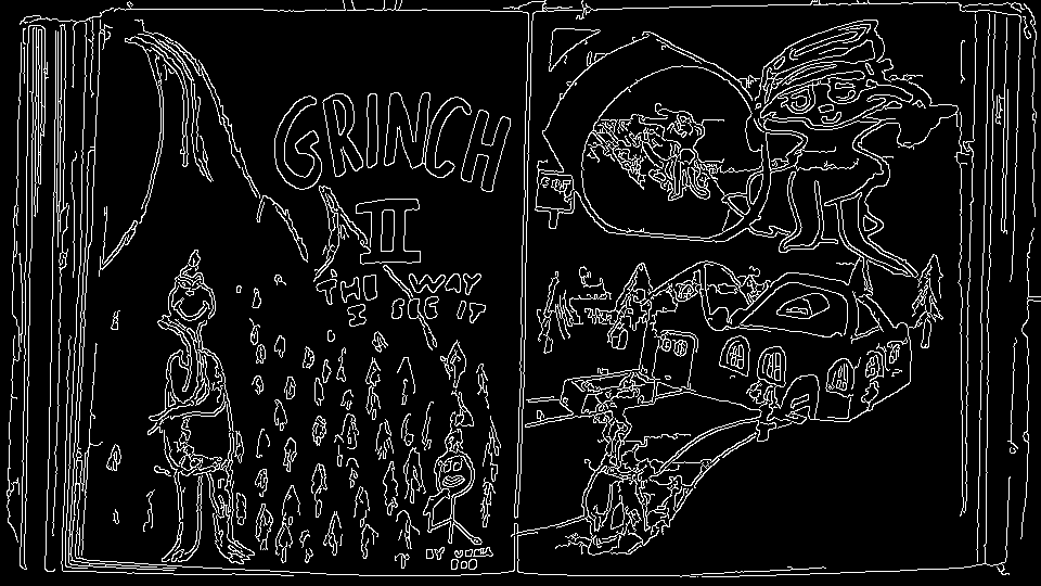 a children's open storybook. left page: 'grinch 2: the way i see it'. a drawing of the grinch smiling snyly. a stick figure man in the bottom right corner with the text 'by uncle bob'. right page: random drawings of cartoon characters and a house. rendered as white lines on black